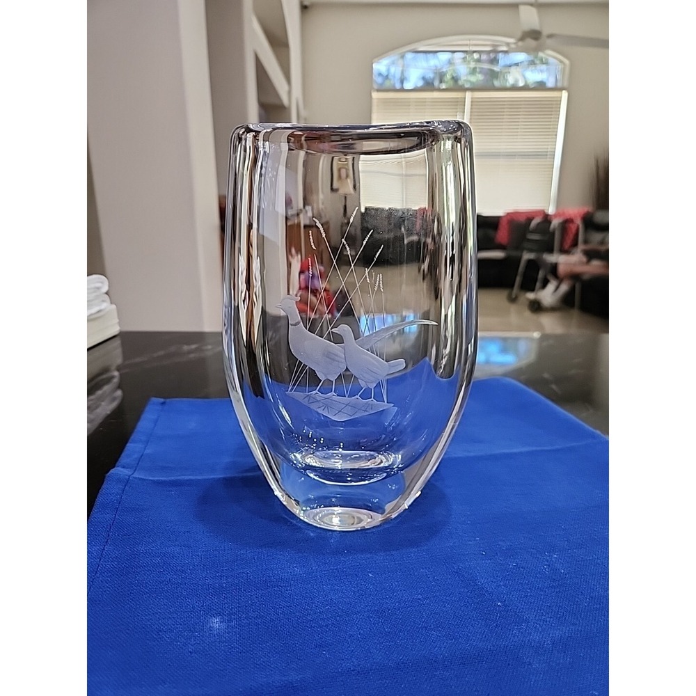 Etched Crystal Art Glass "Pheasant" Vase By Sven Palmquist For Orrefors, Signed